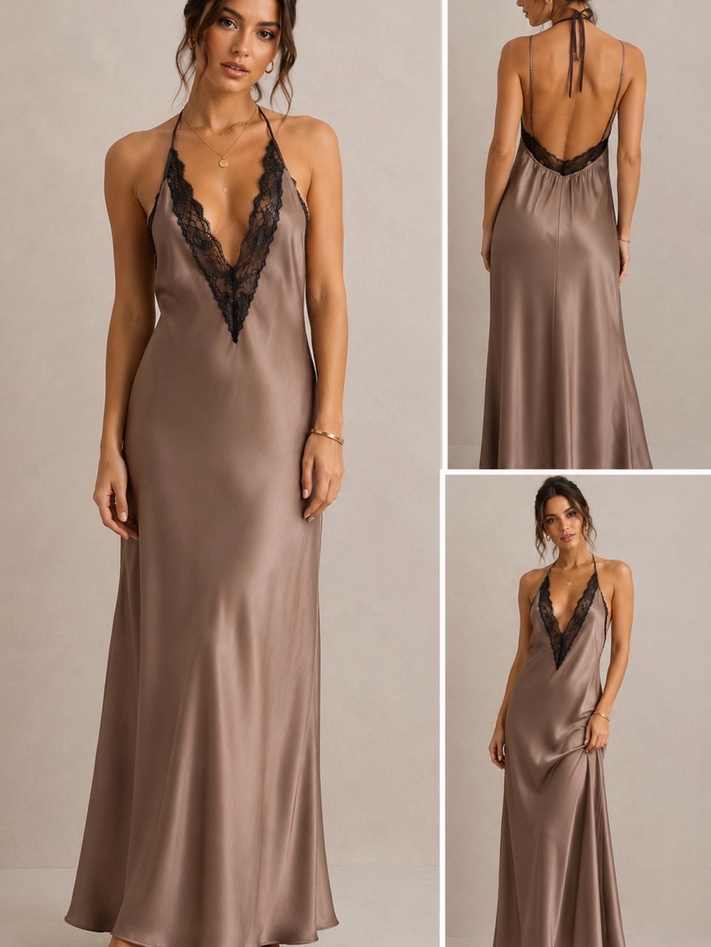 Anthropologie Taupe Satin Maxi Dress with Black Lace Trim - Picture 1 of 6